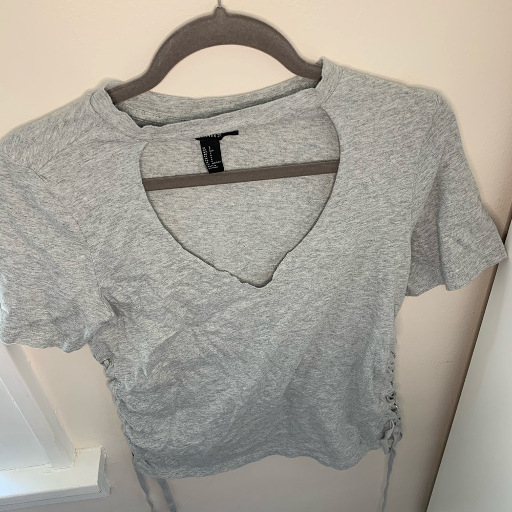 Forever 21 Gray Cutout Neck Tie Shirt